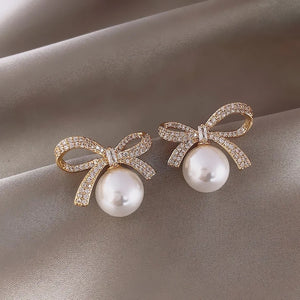 Emily Pearl Crystal Bow Earrings
